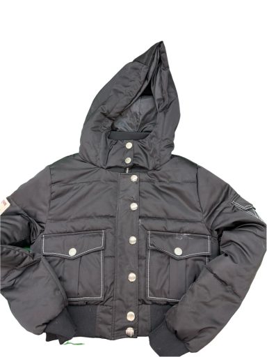 Black puffer jacket with a hood and two front pockets.